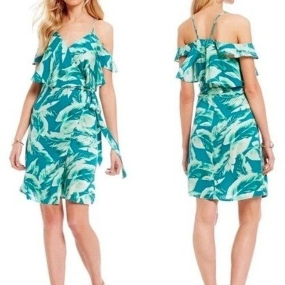 Gianni Bini‎ Tropical Midi Wrap Dress Womens Medium Blue Green Beach Vacation